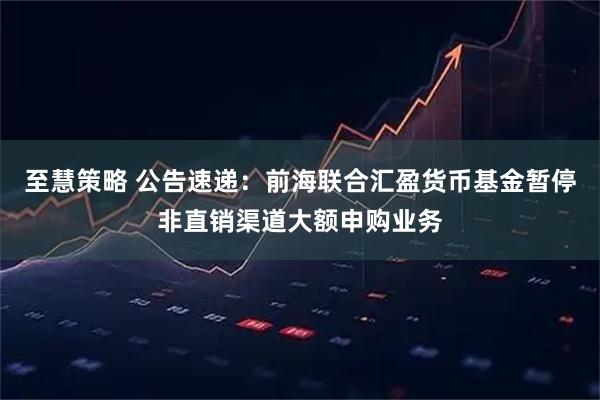 至慧策略 公告速递：前海联合汇盈货币基金暂停非直销渠道大额申购业务